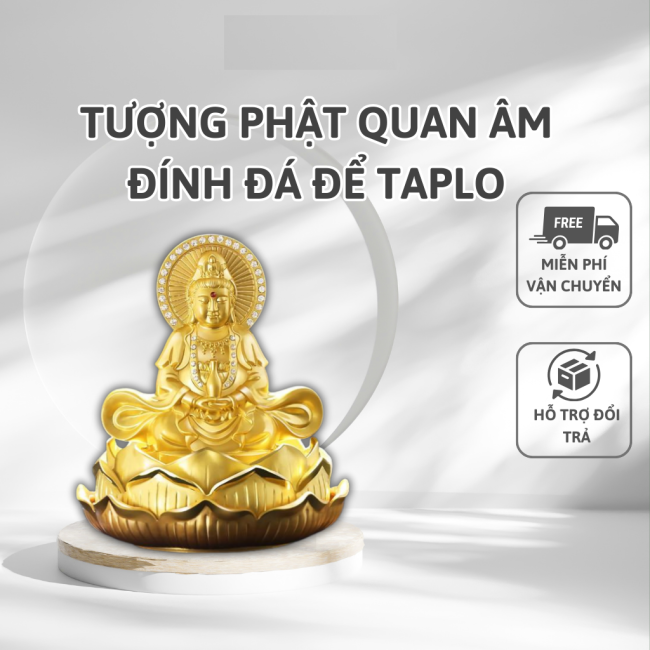 Tượng Phật Quan Âm Để Xe Ô Tô Hai Mặt Đính Đá