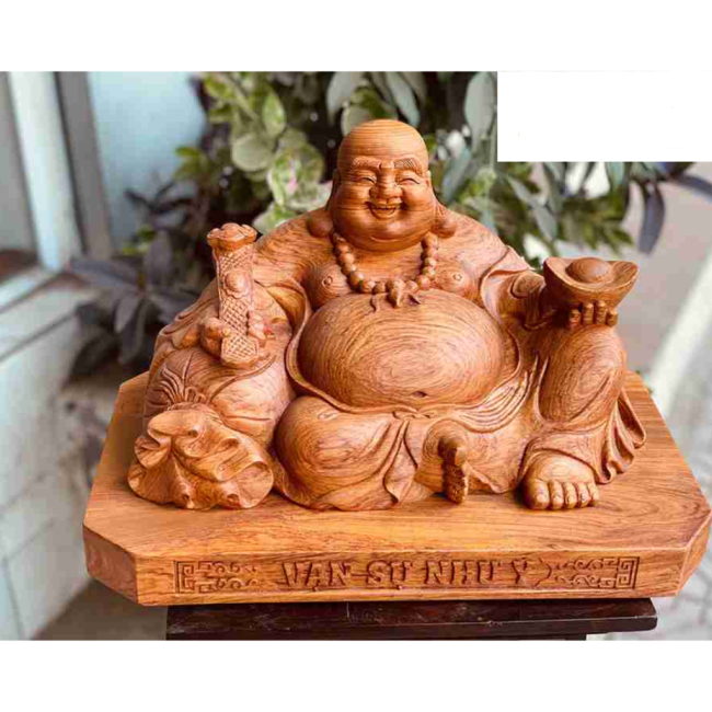 Tượng Trang Trí Xe Ô Tô Di Lặc Vạn Sự Như Ý Gỗ Bách Xanh