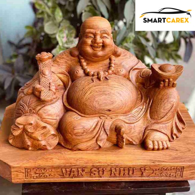 Tượng Trang Trí Xe Ô Tô Di Lặc Vạn Sự Như Ý Gỗ Bách Xanh