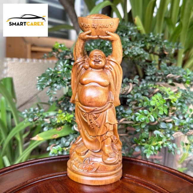 Tượng Di Lặc Dâng Đĩnh Vàng Vạn Sự Như Ý Gỗ Bách Xanh