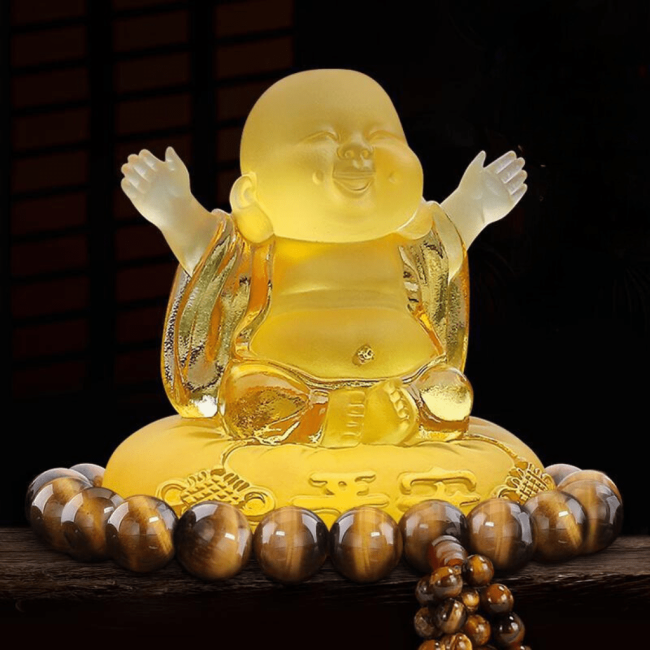 Tượng phật di lặc thần tài đá ngọc lưu ly trang trí xe ô tô