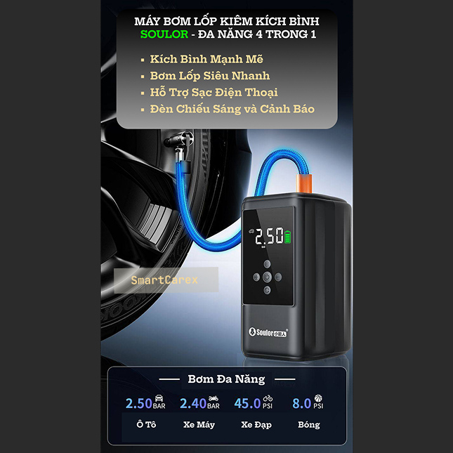 Bơm Lốp Kiêm Kích Bình Ô Tô Black Soulor Đa Năng 4 trong 1